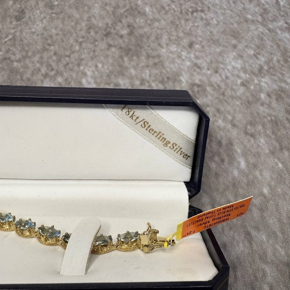 Vintage 18K Gold Vermeil 925 Sterling Silver Blue Topaz Tennis Bracelet 7.25